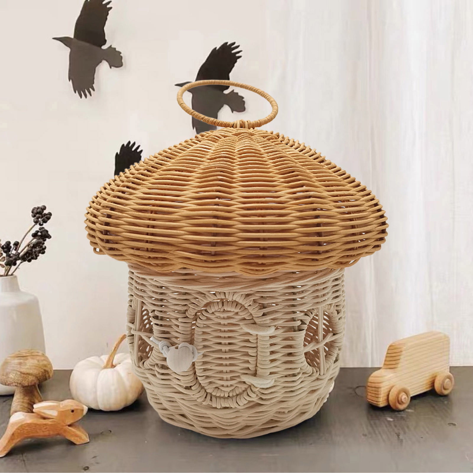 XINGXIANG Mushroom Basket with Lid,Easter Basket for Kids, Mushroom Storage Basket,Handmade Rattan Basket,Portable Picnic Basket,Woven Shelf Organizer for Doll House,Home Decoration(Round)