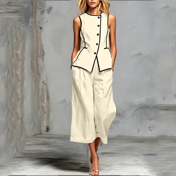Karymi Workout Tops for Women 2 Piece Contrast Piping Outfit Set, Crew Neck Sleeveless Button Vest Top Pleated Cuffed Cropped Wide Leg Capri Pants with Pockets Cute Tops for Women