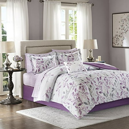 Gray white purple pink forest scene tree top print. madison park essentials lafael complete comforter set purple full