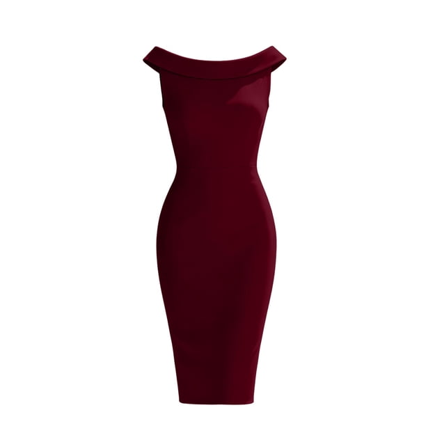 Women's off the Shoulder Sleeveless Bodycon Midi Dress, Solid Back Zipper Slim Fit Knee-Length office Pencil Dress Red L(L)