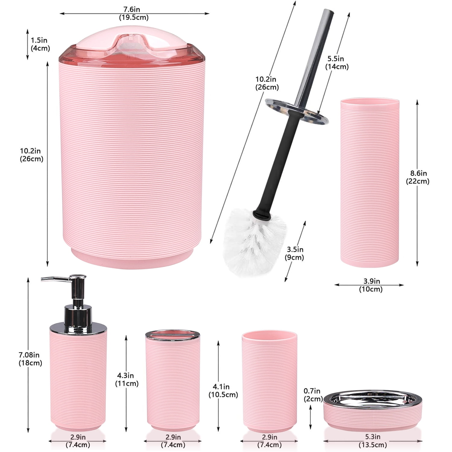 CERBIOR 6 Pcs Bathroom Accessories Set with Soap Dispenser, Toothbrush Holder, Tumbler, Soap Dish, Trash Can and Toilet Brush (Pink).