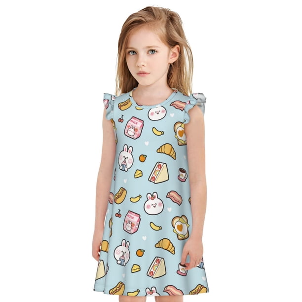 Balery Rabbit Burger Coffee Camisón de princesa para niñas, pijama de algodón con mangas abullonadas, suave y bonito.-Small