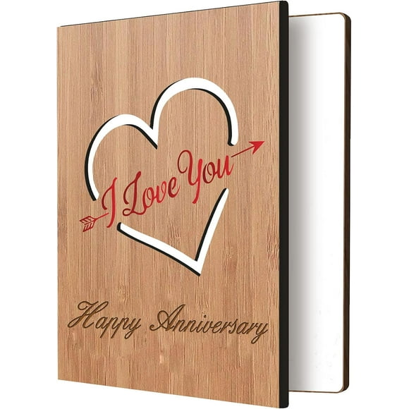 I Love You Anniversary Card Real Bamboo Wood Greeting Card with Hollow Heart and Engraved Words Design Handmade Handwritten Card with Envelope for Him Her Wife Husband