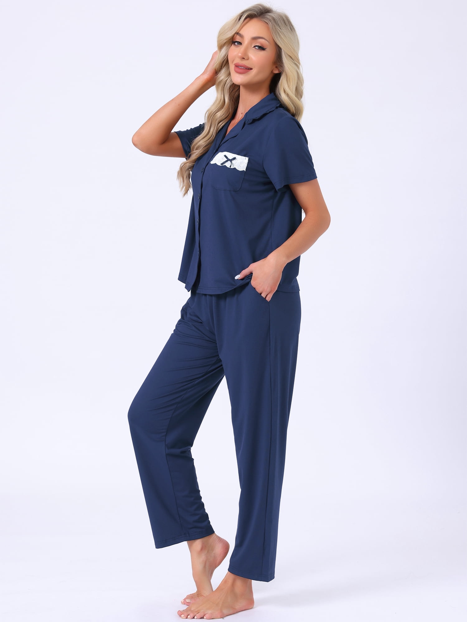 DARING DIVA Women's Pajama Sets Button Down Ruffle Collar Short Sleeve Shirt XL Blue