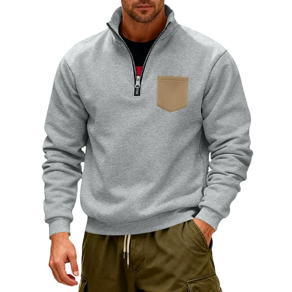 XIAONU Heavyweight Sweatshirt Half-Zip Stand Collar Pullover Top Casual Comfort Outdoor Sweatshirts Light Gray S