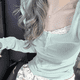 thumbnail image 1 of Camiseta de manga larga ajustada y corta para mujer Pure Desire con estampado floral verde menta, capa base, estilo ballet para primavera y otoño, 1 of 4