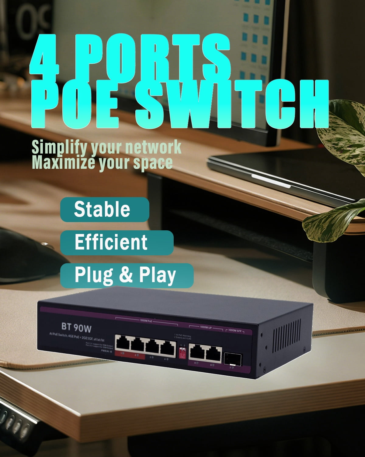 Ethernet Switch 4 Port Managed Gigabit PoE+ Switch with 3 Uplink Ports(2RJ45+1SFP), 2 Ports 90W PoE BT, VLAN Isolation, 6KV Surge Protection, Metal Case for Home Security & Office