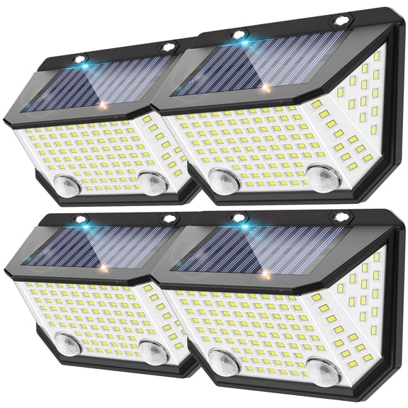 4-Pack Solar Outdoor Motion Sensor Lights, 122 LED Security Wall Lights with 300° Wide-Angle Lighting, IP65 Waterproof, 6500K Cool White