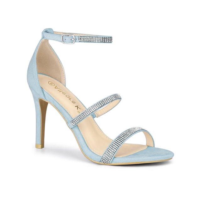 BLISSFUL STEP Women's Shoes Rhinestone Stiletto Heel Ankle Strap Sandals Sky Blue 5