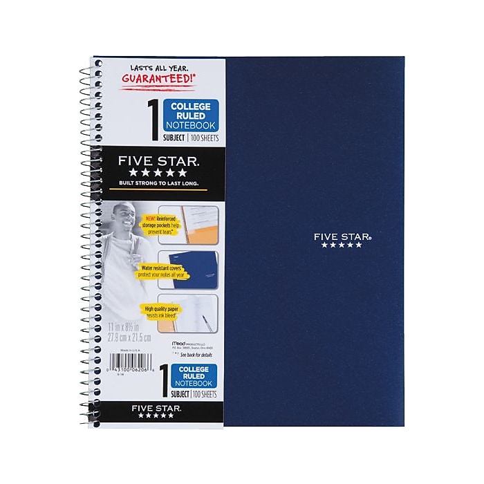 Mead® Five Star® Wirebound Notebook, 1Subject, College Ruled, 81/2" x