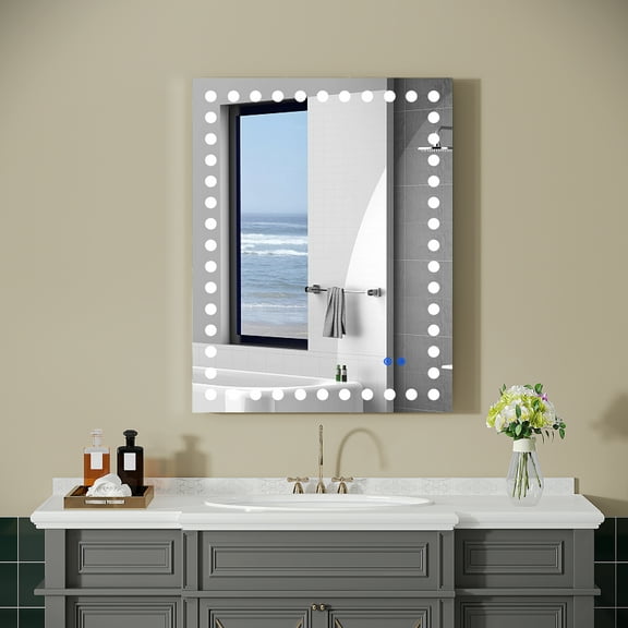 LED Bathroom Mirror 28x36 Inch, Lighted Mirrors for Bathroom Wall Anti-Fog Smart Mirror, 3 Colors Dimmable, Touch Sensor Dimmer Switch, Wall Vanity Mirrors Vertical & Horizontal Mounted
