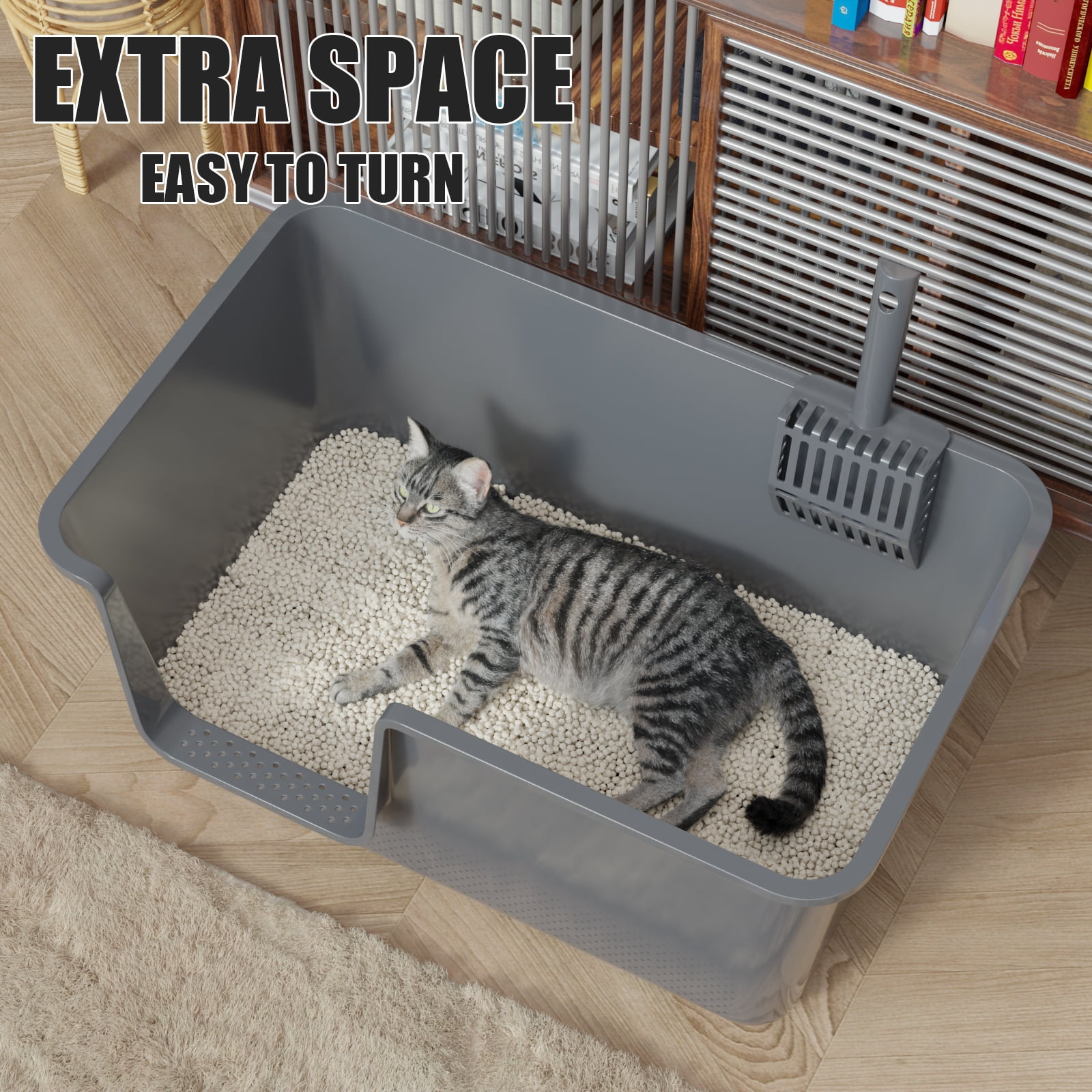 Yesdate Open Cat Litter Box, Large Standard Litter Box, Kitten Litter Potty Pan for Small & Large Cats, Easy to Clean, Low Entry, 4 Units, Grey