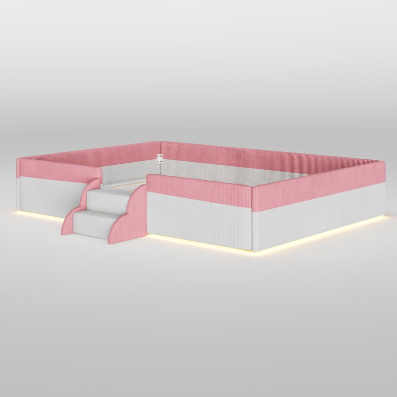 Full Size Corduroy Upholstered Floor Bed Frame with Fence, Kids Low-Profile Platform Bed with 2-Tier Steps & Smart LED Lights