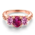 thumbnail image 3 of Gem Stone King 18K Rose Gold Plated Silver Red Created Ruby and Pink Moissanite Filigree Style 3 Stone Ring for Women (2.27 Cttw, Oval 8X6MM and 6X4MM, Available in Size 5, 6, 7, 8, 9), 3 of 6