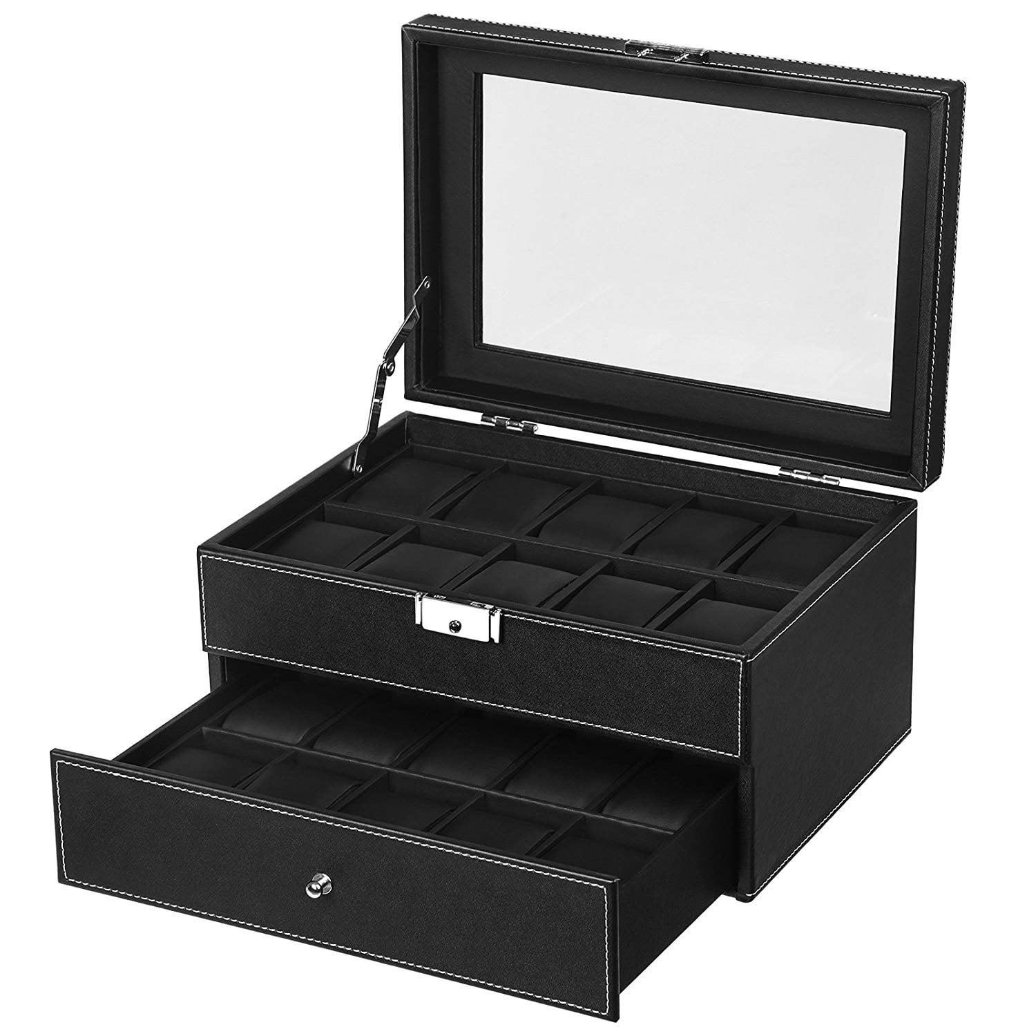 Kepooman 20 Slots Watch Box, Faux Leather Lockable Jewelry Display Case, Black