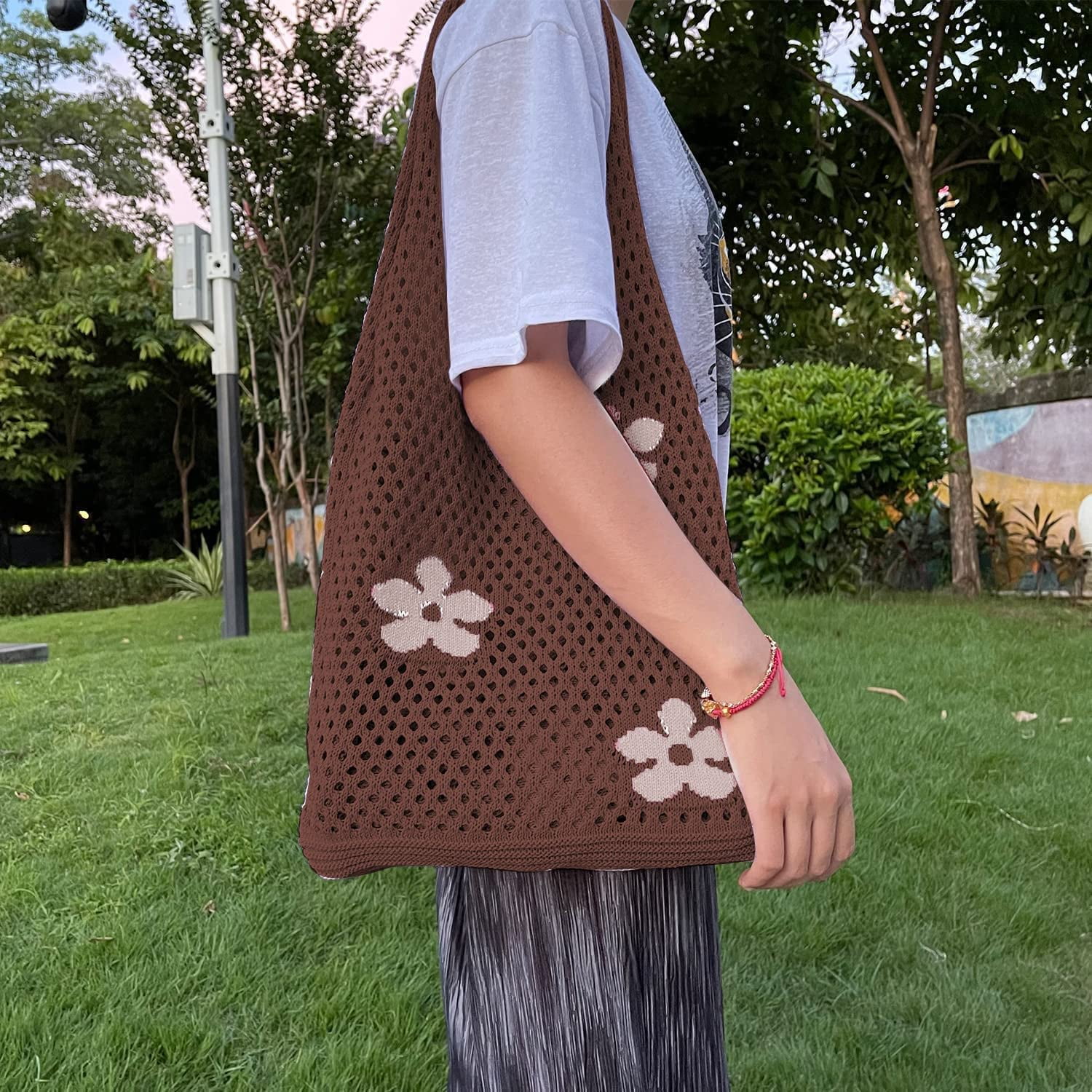 Kukuzhu Fairycore Crochet Tote Bag Y2K Grunge Knitted Shoulder Bag Flower Hollow Out Purse Cottagecore Accessories