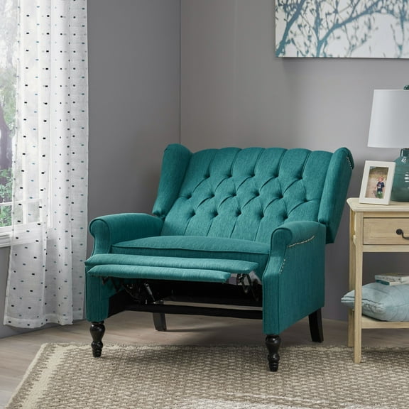 Comfy Upholstered Accent Reclining Chairs, Fabric Recliner Chair, Lounge Armchair, Push Back Single Sofa Chair with Foldable Footrest & Wood Legs, for Living Room, Bedroom, Teal