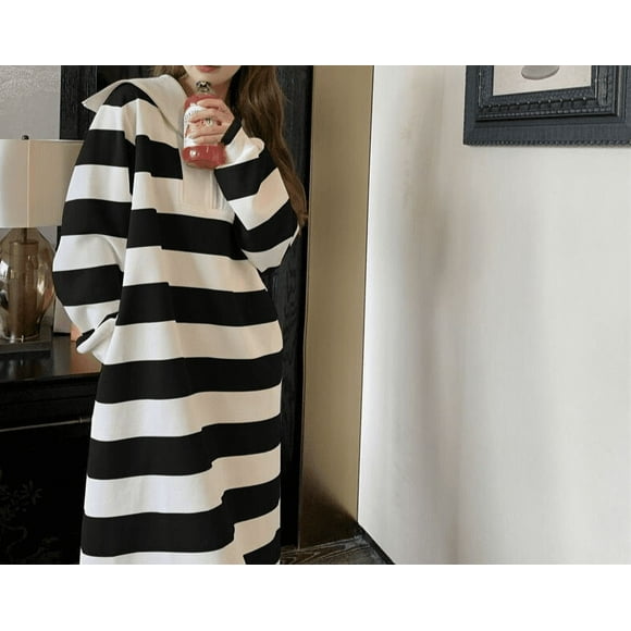 Striped Dress Women Fashion Contrast Oversized Sailor Collar Dress Long Sleeves Sweatshirt Dress Femme - Black / XL