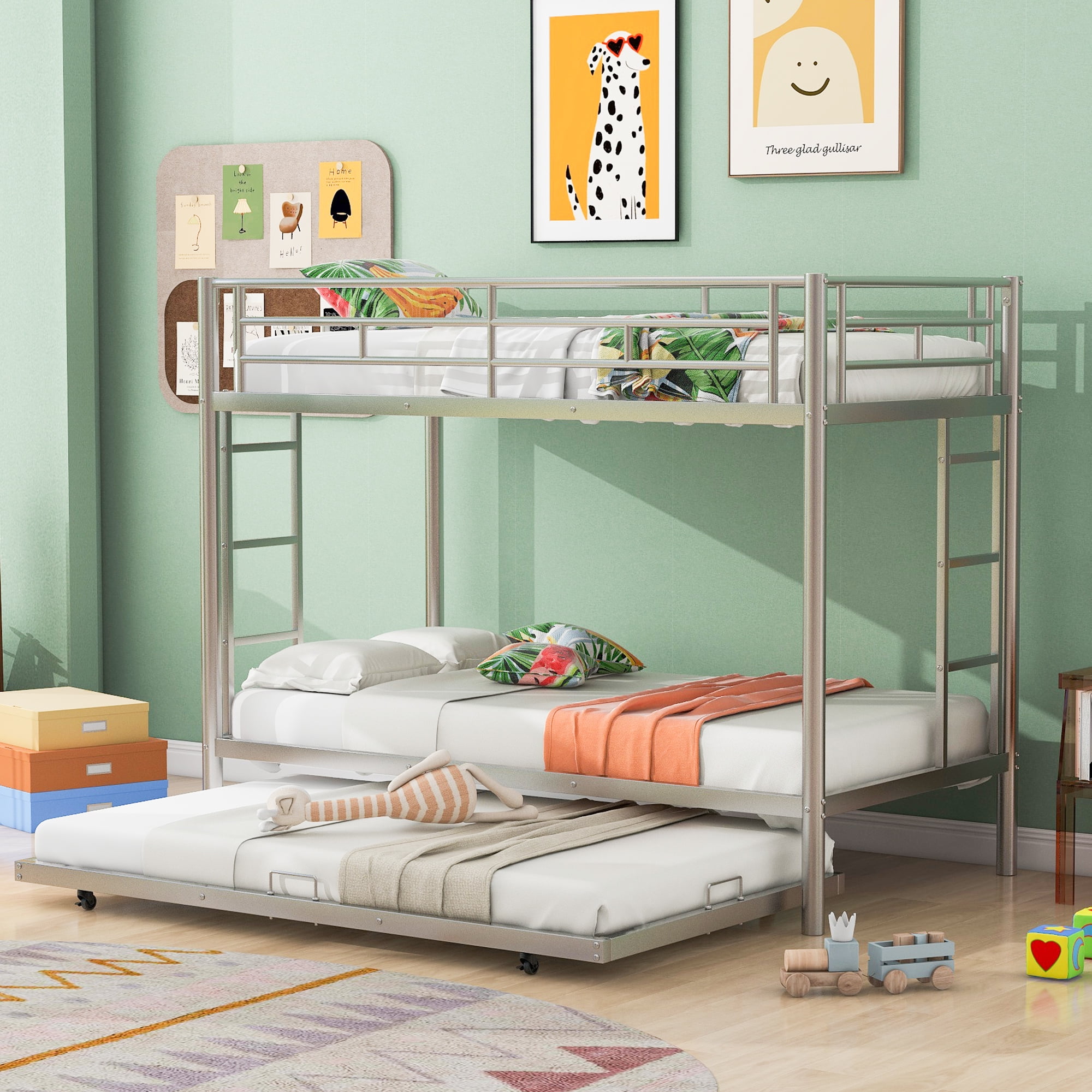 KOFUN Metal Bunk Beds for 3, Twin over Twin Bunk Bed with Trundle