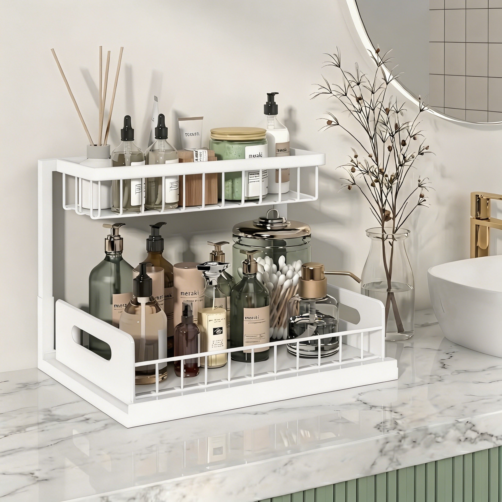 L-Shaped Under Sink Organizer, 2 Tier Pull Out Cabinet Organizer, Heavy Duty Metal Storage with Slide Out Drawer, Holds 50 Lbs, Rust-Proof Bathroom & Kitchen Sink Rack, White