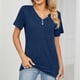 thumbnail image 3 of Top casual de manga corta para mujer con decoración de botones, cuello en V, camiseta suelta de poliéster para verano, azul marino M, 3 of 6
