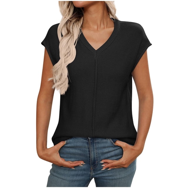 Timegard Womens Tops Summer V Neck Cap Sleeve Comfy Solid Color Top Casual Loose Tee Shirts Fashion