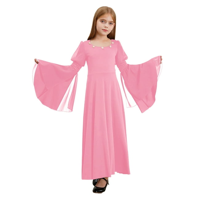 iiniim Filles Médiéval Renaissance Princesse Vêtements Enfant Robe Rétro à Manches Longues Évasées Rose 6