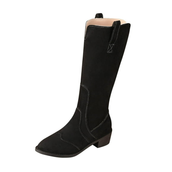 Xfvqtps Womens Chunky Heel Western Cowboy Boots Pointed Toe V Cut Design Fashion Winter Comfortable Thigh High Boots Nubuck Leather for Women Black