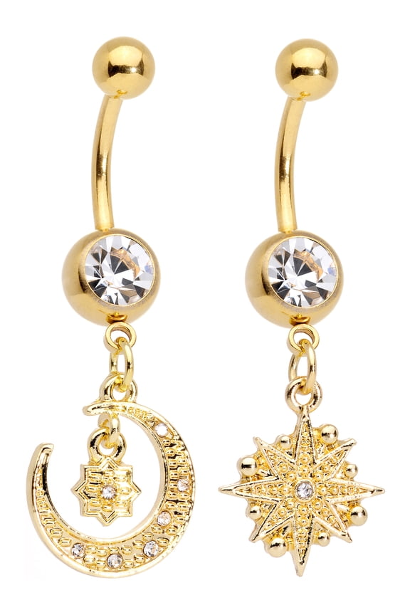 Womens 2PC Plated Steel Clear Accent Celestial Dangle Belly Button Rings 14G Navel Piercing