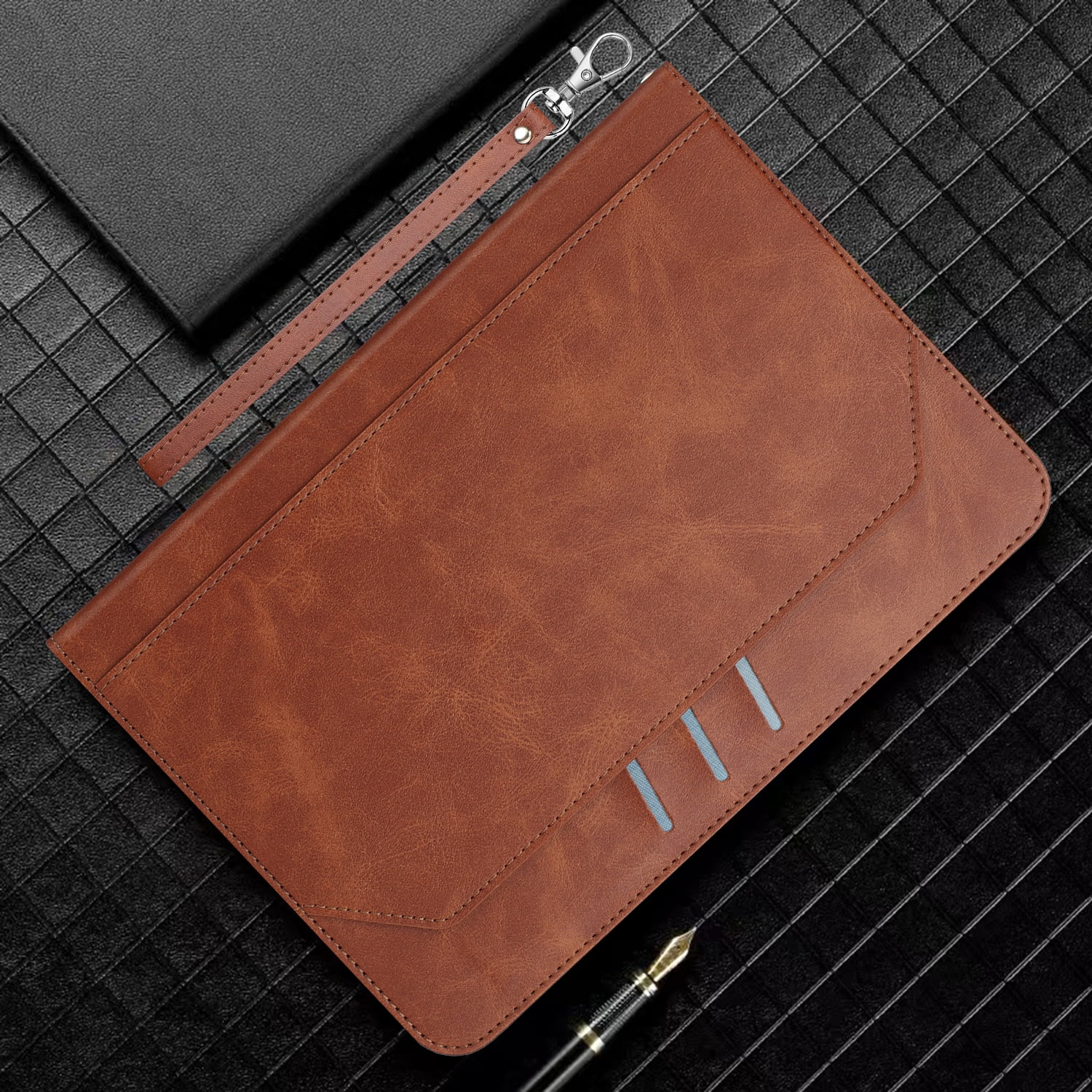 Case for Universal 9.5-10.5 Inch, Premium PU Leather Elastic Hand Strap Card Holder Foldable Muti-Angle Stand Folio Cover for iPad / Samsung / Amazon Kindle / Lenovo / Onn, Brown