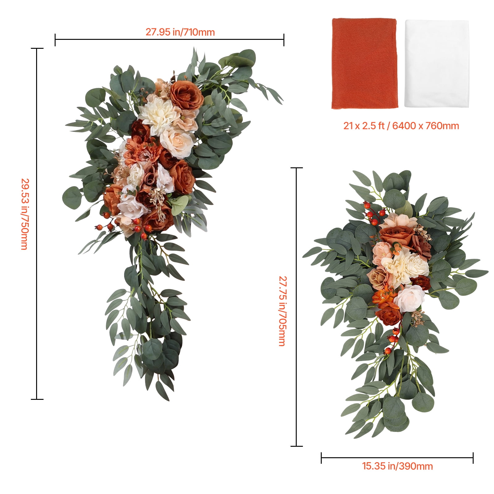 VEVOR Artificial Wedding Arch Flowers Kit, Orange Wedding Arch Flowers with Drapes Kit (Pack of 4) - 2 Pcs Floral Arrangement, 2 Pcs Sheer Drapes, for Ceremony Bouquets Reception Backdrop Decoration