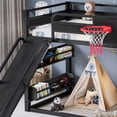 thumbnail image 4 of Twin XL size metal loft/bunk bed with basketball hoop, pull-up rings, climbing wall, and built-in bookshelves. Playful childlike  design featuring a slide,Black., 4 of 22