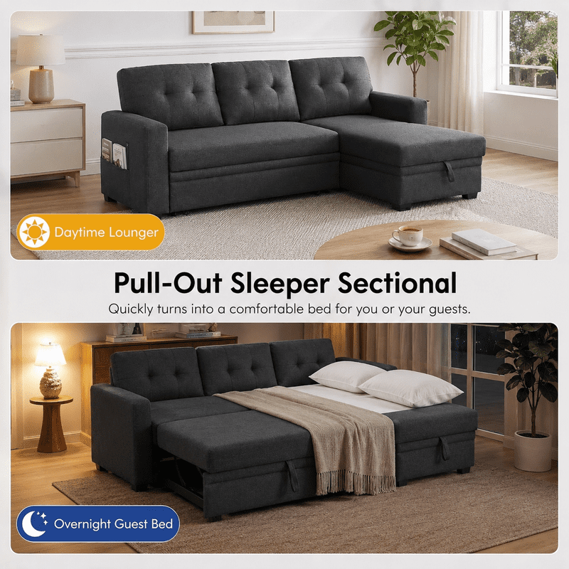82" L-Shaped Convertible Sleeper Sectional Sofa with Pull-Out Bed, Storage Chaise, Removable Back Cushions, Modular Corner Couch for Living Room, Apartment, Home Office