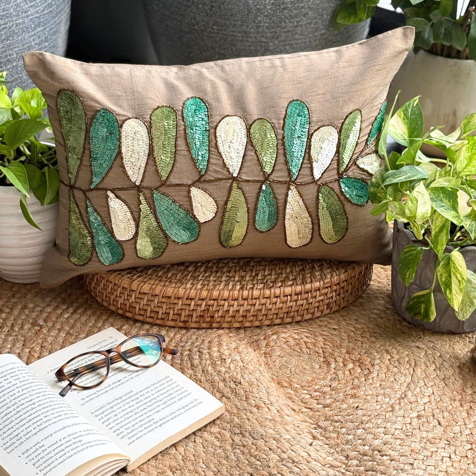 Brown Lumbar Pillow Cover, 12x26 inch (30x65 cm) Lumbar Pillow Cover, Sequins Leaves Lumbar Pillow Cover, Silk Lumbar Pillow Cover, Floral Art Deco Lumbar - Days Of Leaves