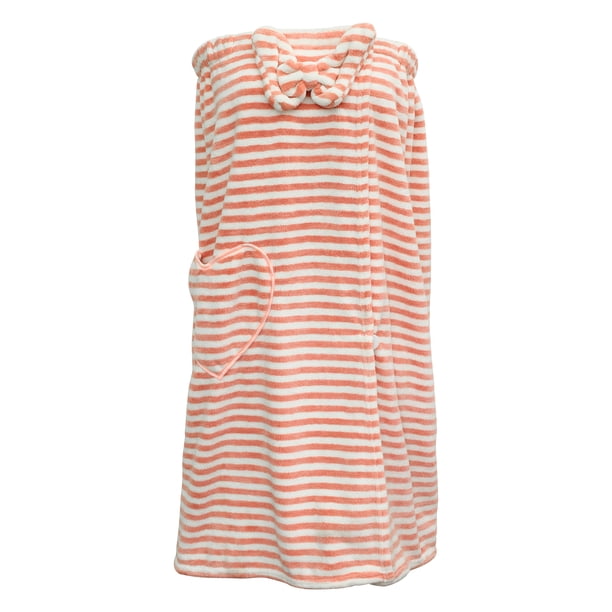 Toalla de Baño Unique Bargains para Mujer Ducha Ajustable Con Bolsillo Forro Polar Coral Rayas Rosas