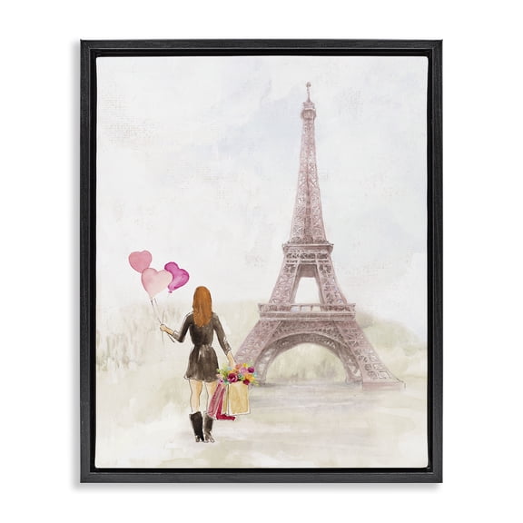 Stupell Industries Eiffel Tower & Heart Balloons Buildings & Architecture Painting Black Floater Framed Canvas Art Print Wall Art, 17 x 21