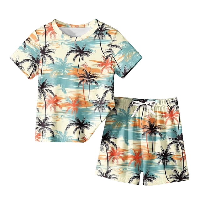 Zpanxa Ensembles d'Été pour Filles Mode Garçons Décontracté Manches Courtes Col Rond Col Bouton Imprimé Ensembles de Shorts 4 Ans