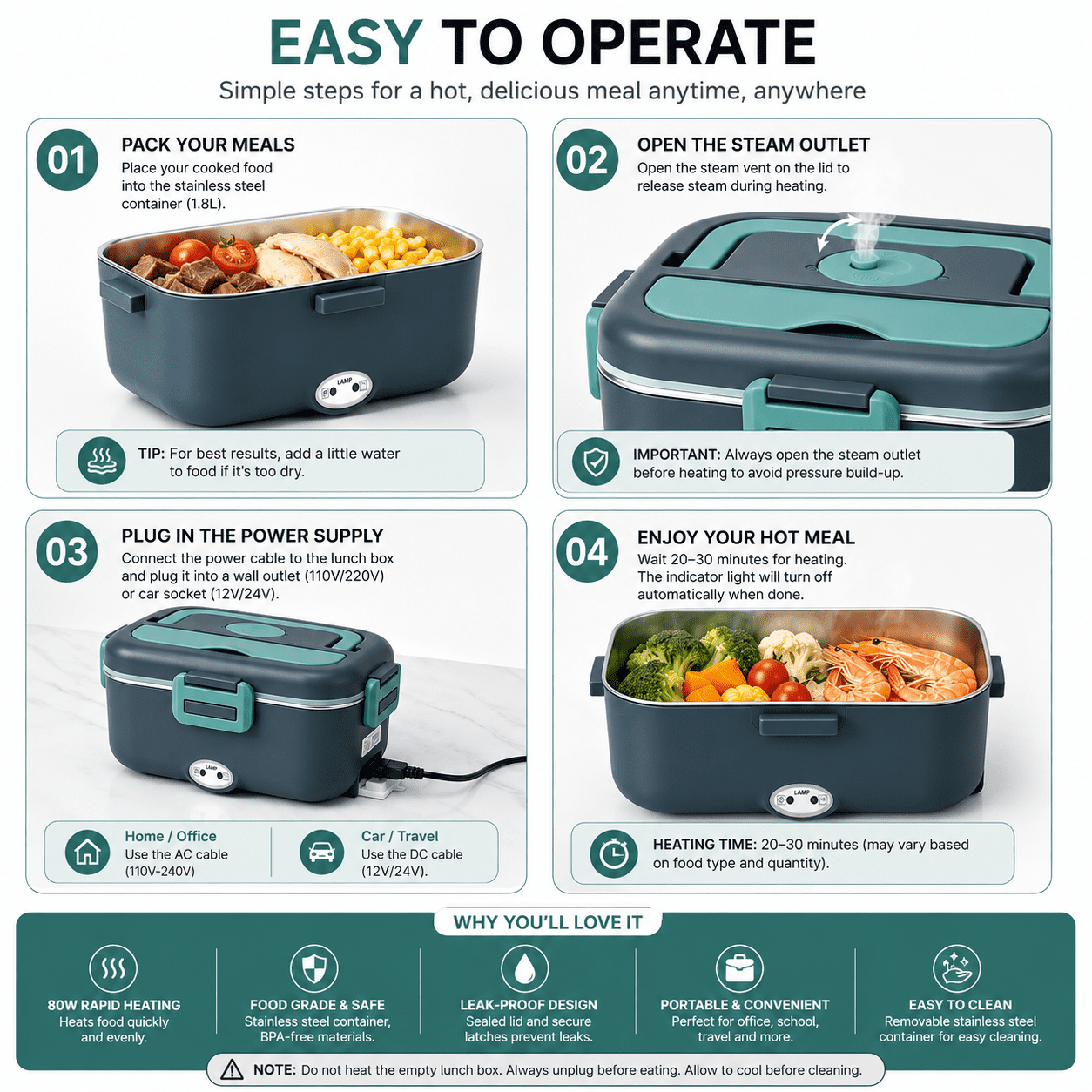 DCUTIE 1.8L 80W Heated Lunch Box for Adults, Food Warmer Lunch Box for Rice Meals