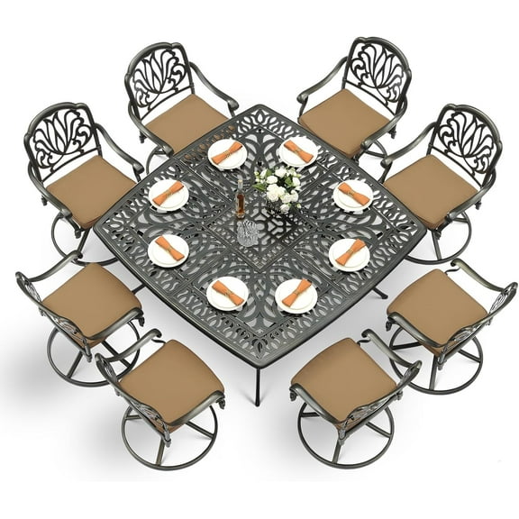 VIVIJASON 9-Piece Outdoor Furniture Dining Set for 8, All-Weather Cast Aluminum Patio Table and Chairs Set with 8 Swivel Rocker Chairs, 64" Large Square Dining Table with 2.2" Umbrella Hole, Khaki