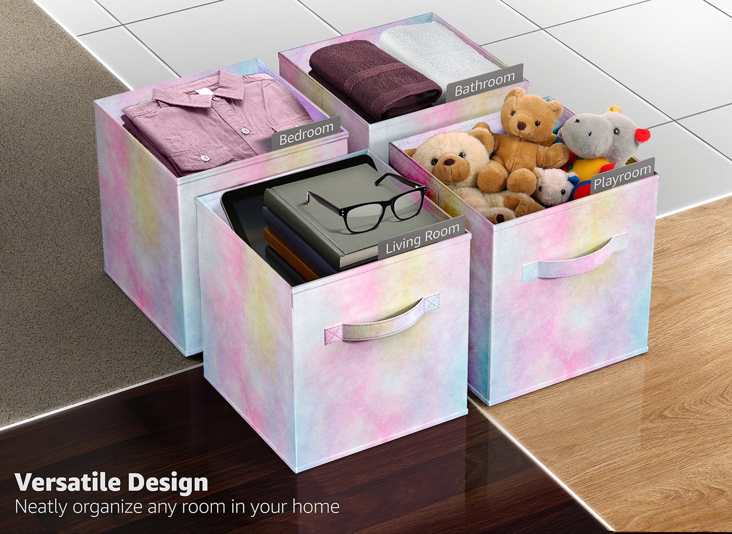 Sorbus Collapsible Fabric Cube Storage Bin (10.5" x 10.5"), Rainbow Sparkle