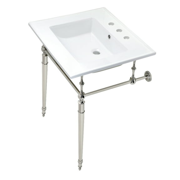 Kingston Brass KVPB25227W8PN Edwardian 25" Ceramic Console Sink with Brass Legs (8-Inch, 3-Hole), White/Polished Nickel