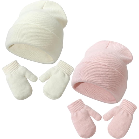 Newborn Baby Beanie Hat Gloves Set, 2pcs Toddler Kids Solid Soft Winter Warm Knit Hat with Gloves for Unisex Boys Girls (White & Pink,2-5T)