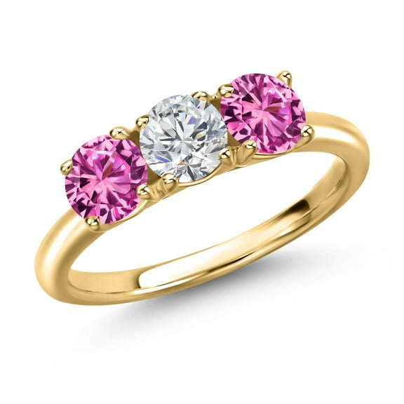 Gem Stone King 18K Yellow Gold Plated Silver Lab Grown Diamond and Pink Created Sapphire Engagement Ring for Women | 1.60 Cttw | Round 5MM | Gemstone April Birthstone | Size 6
