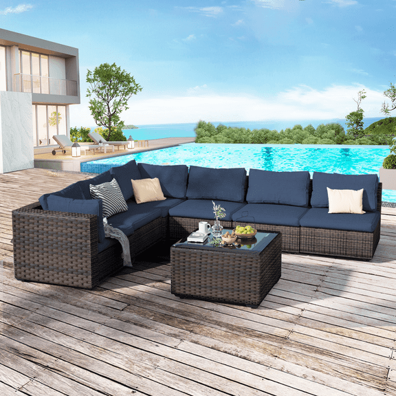 Grezone 7 Patio Outdoor Furniture Wicker Sectional Sofa Couch Lawn Sectional, Blue