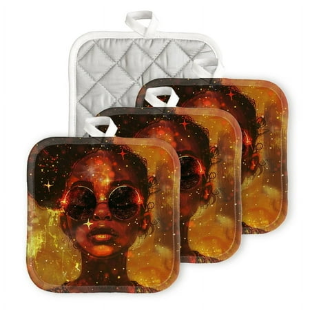 

Bahomeck Pot Holder 4Pcs Beautiful Black Woman Wearing Round Sunglasses Square Heat Resistant Hot Pads For Kitchen Cooking Oven With Hanging Loop Potholder Easy To Store