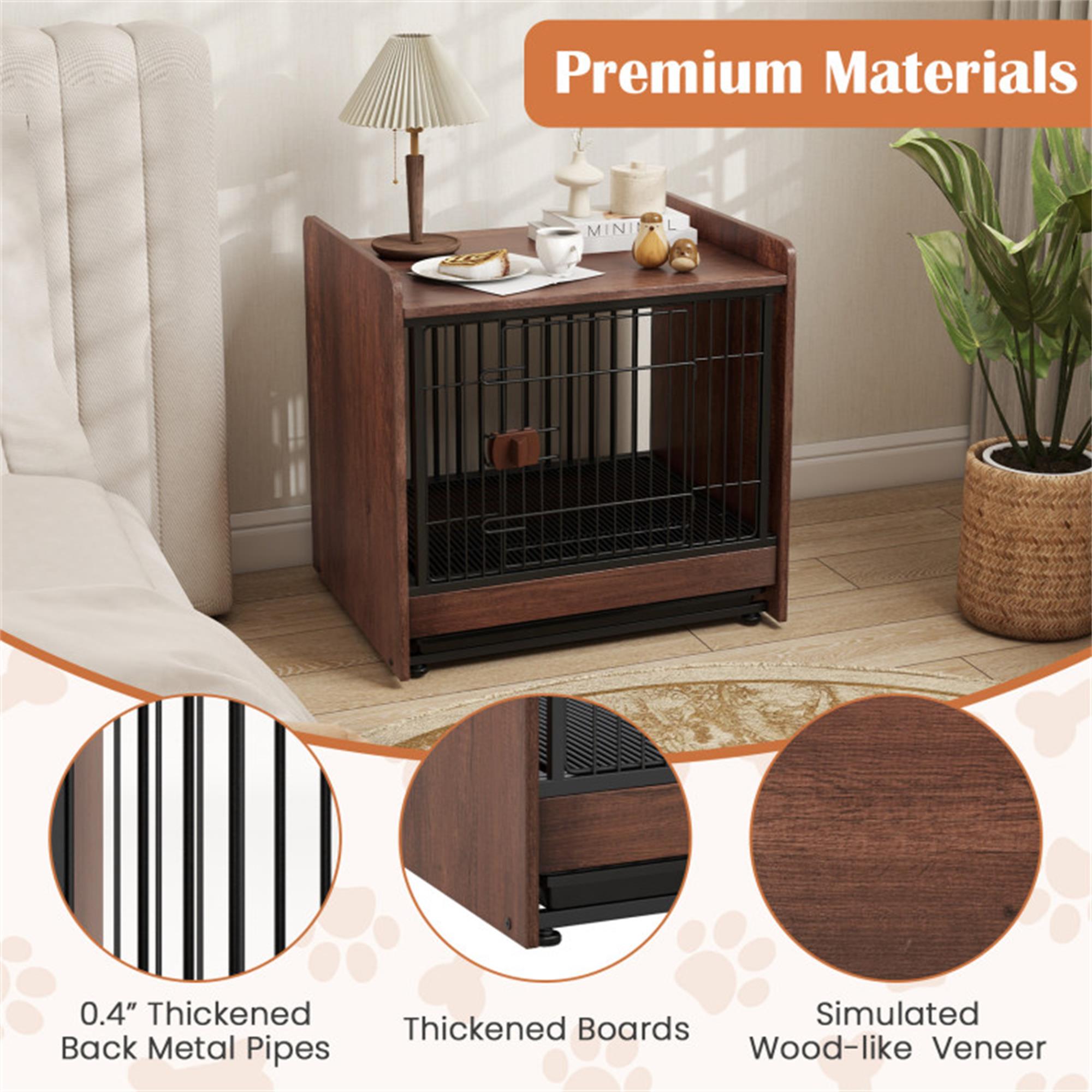 Pefilos 25" Dog Crate Furniture, Indoor Dog Kennel with Removable Tray and Lockable Door, Decorative Pet Cage Dog House, Brown