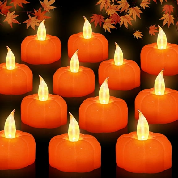 12-Pack LED Orange Pumpkin Tea Lights – Battery-Operated Flameless Candles with Flickering Effect, Perfect Fall & Halloween Thanksgiving Table Decorations for Indoor Parties