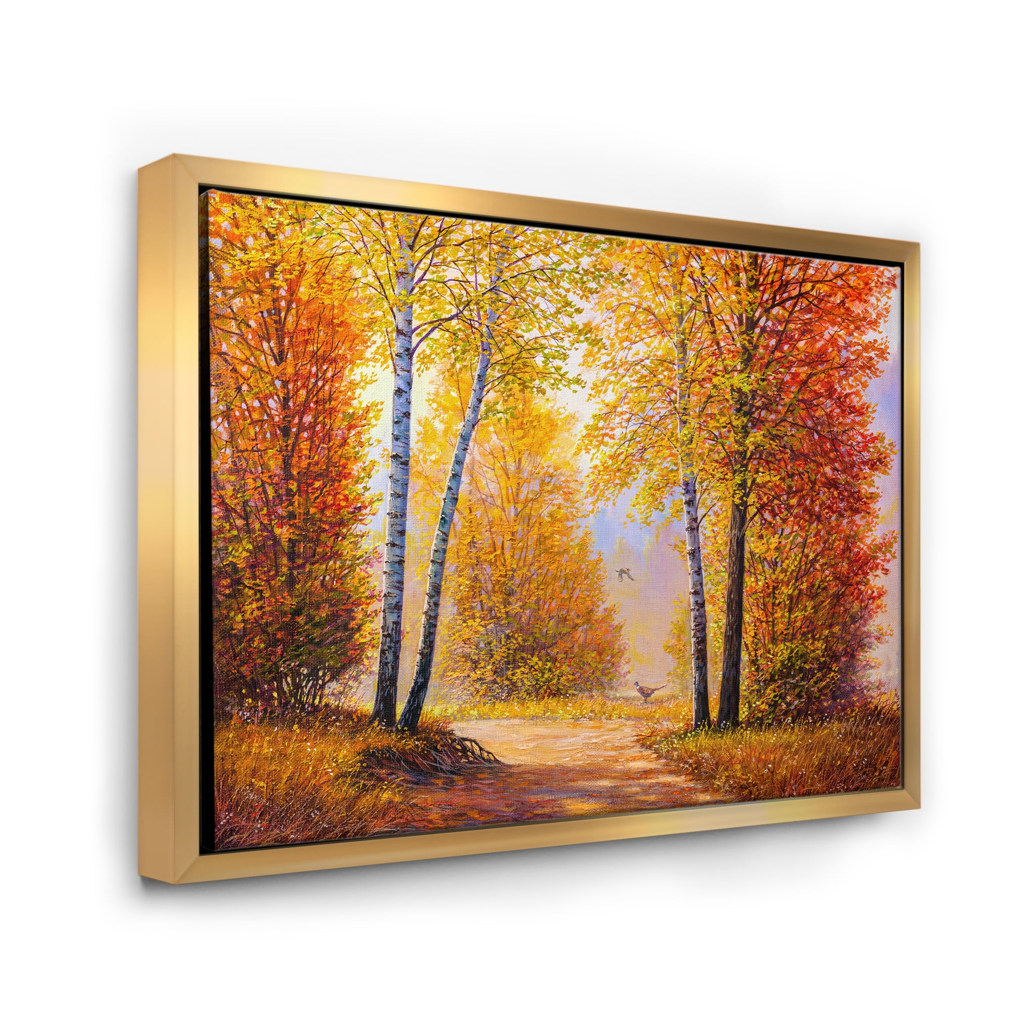 Designart 'Sunrise Glow Through The Autumn Trees' Lake House Framed Canvas Wall Art Print