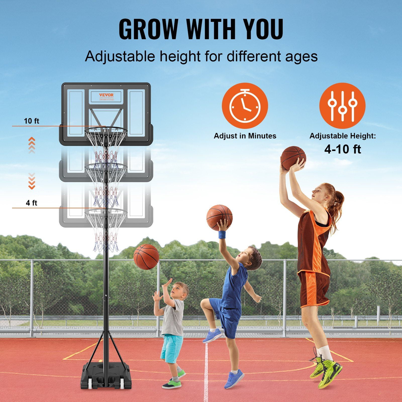 Basketball Hoop, 4-10 ft Adjustable Height Portable Backboard System, 44 inch Basketball Hoop & Goal, Kids & Adults Basketball Set with Wheels, Stand, and Fillable Base, for Outdoor/Indoor