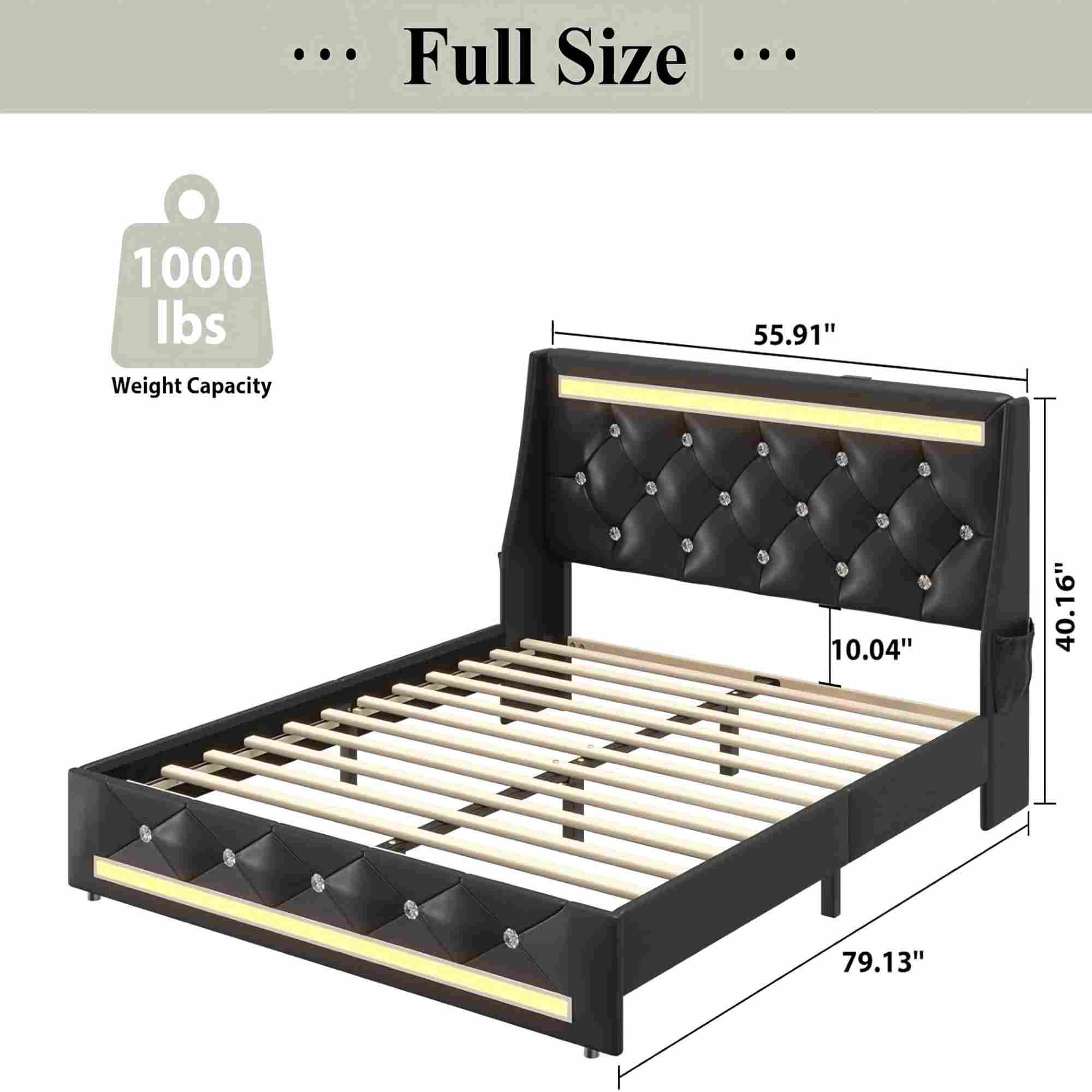 BSHTI Full Size Faux Leather Upholstered Bed Frame with LED Lights, Charging Station, 2 Drawers, Wingback Diamond Headboard for Bedroom
